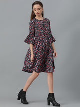 Kotty Floral Printed Bell Sleeve Gathered or Pleated Crepe A-Line Dress