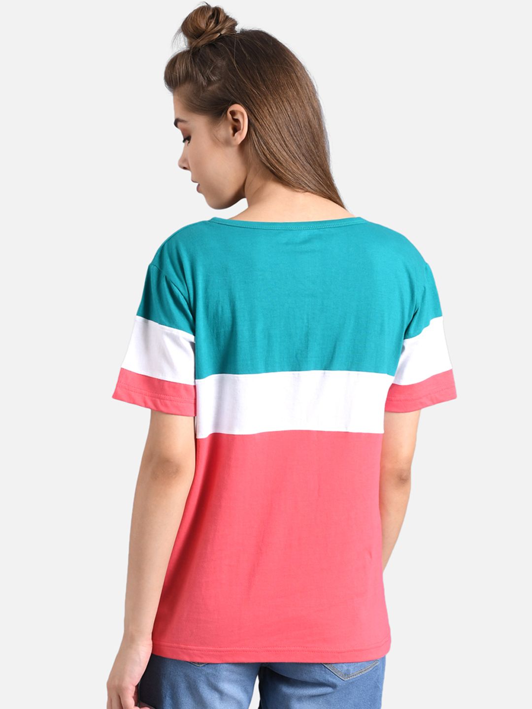 Kotty Women Teal Blue & Coral Pink Colourblocked Round Neck T-shirt