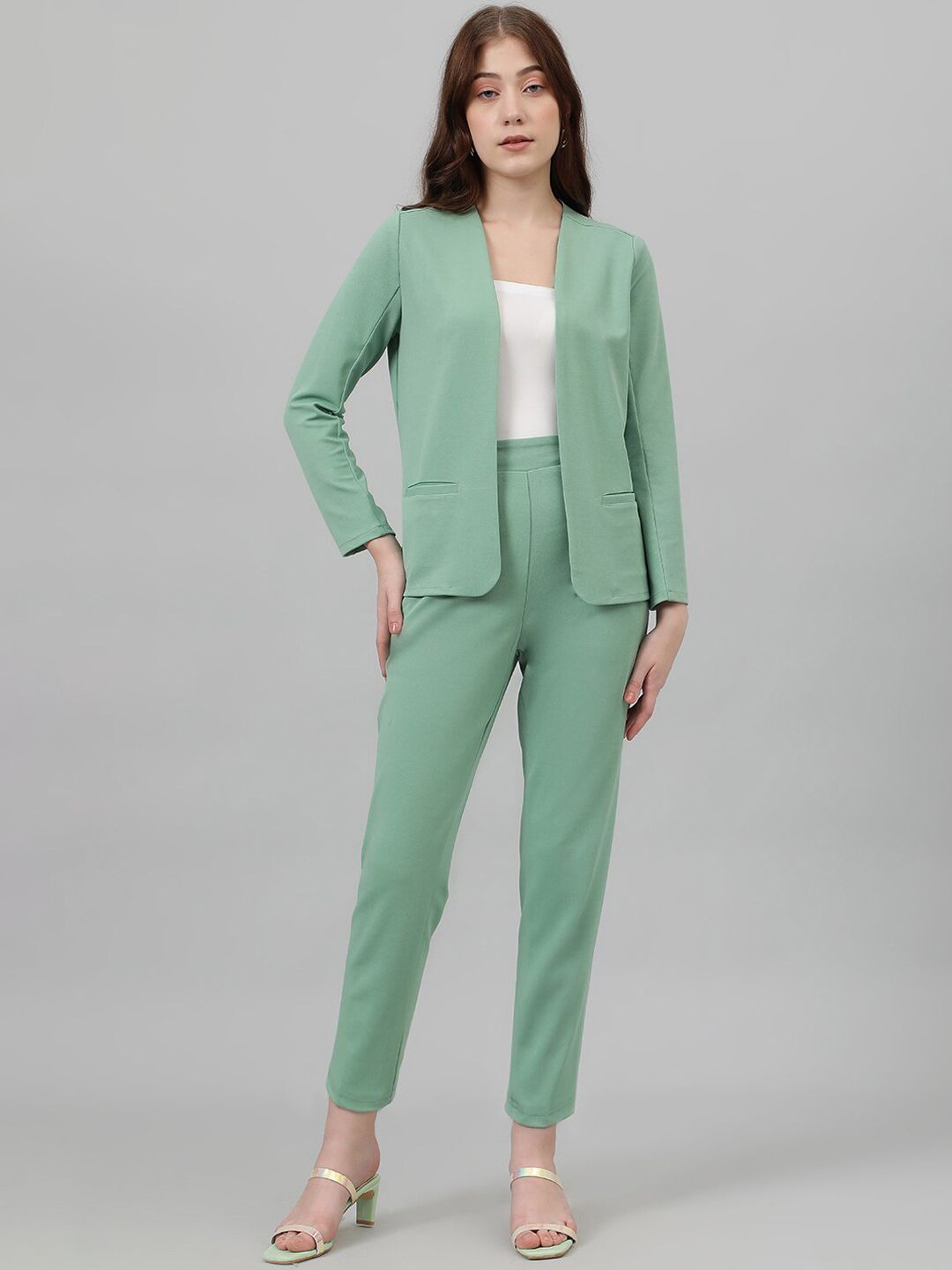 Kotty Green Collarless Long Sleeves Blazer With Trousers