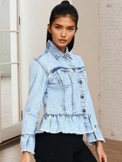 Kotty Women Spread Collar Solid Denim Jacket