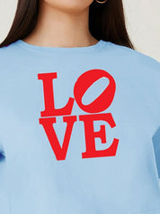 Kotty Blue Typography Printed Drop-Shoulder Sleeves Cotton Oversized Crop T-shirt