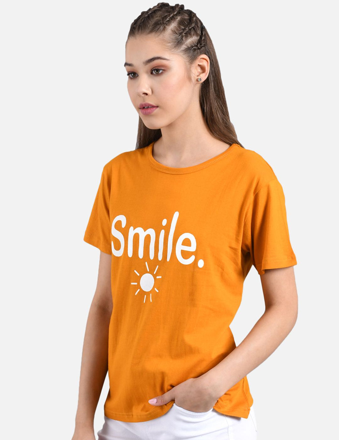 Kotty Women Orange & White Printed Round Neck T-shirt