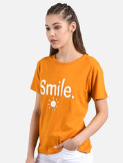 Kotty Women Orange & White Printed Round Neck T-shirt