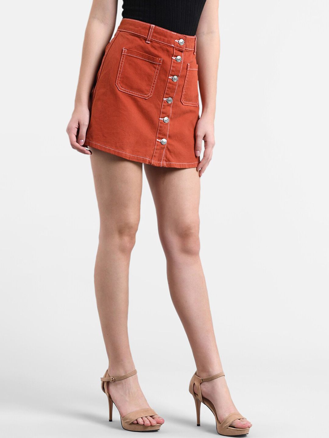 Kotty Orange Denim A-Line Mini Skirt