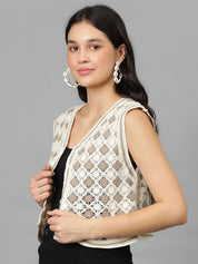 Kotty Geometric Self Design Crochet V-Neck High-Low Crop Top