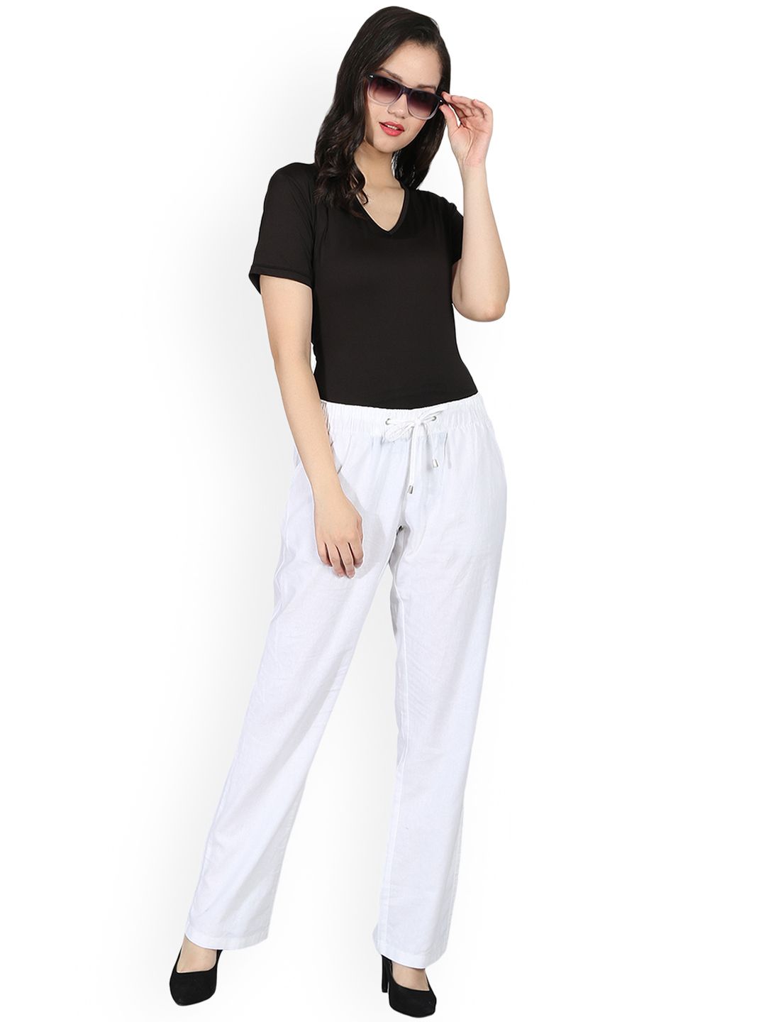 Kotty Women White Regular Fit Solid Linen Regular Trousers