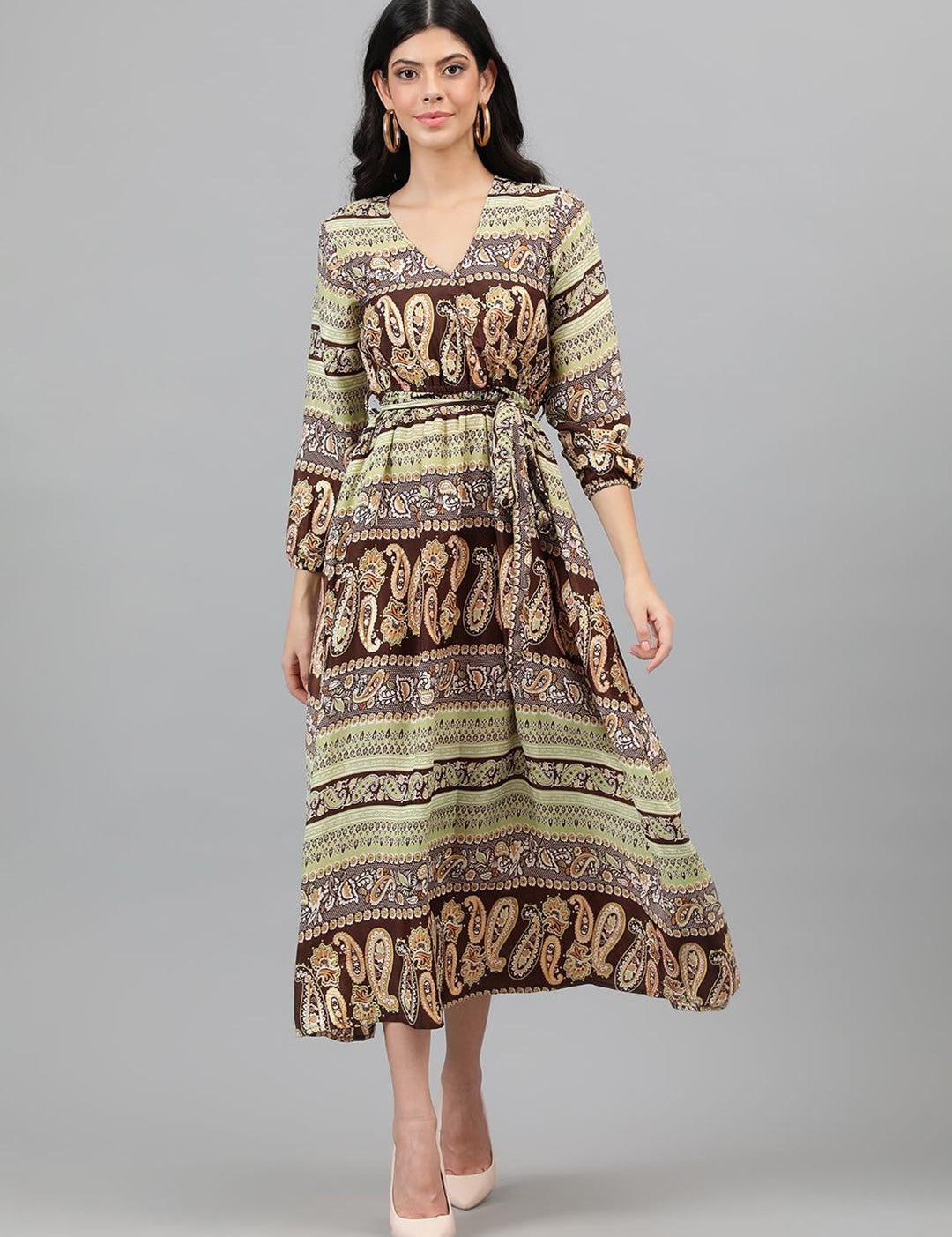 Kotty Brown & Yellow Ethnic Motifs Printed Wrap Maxi Dress