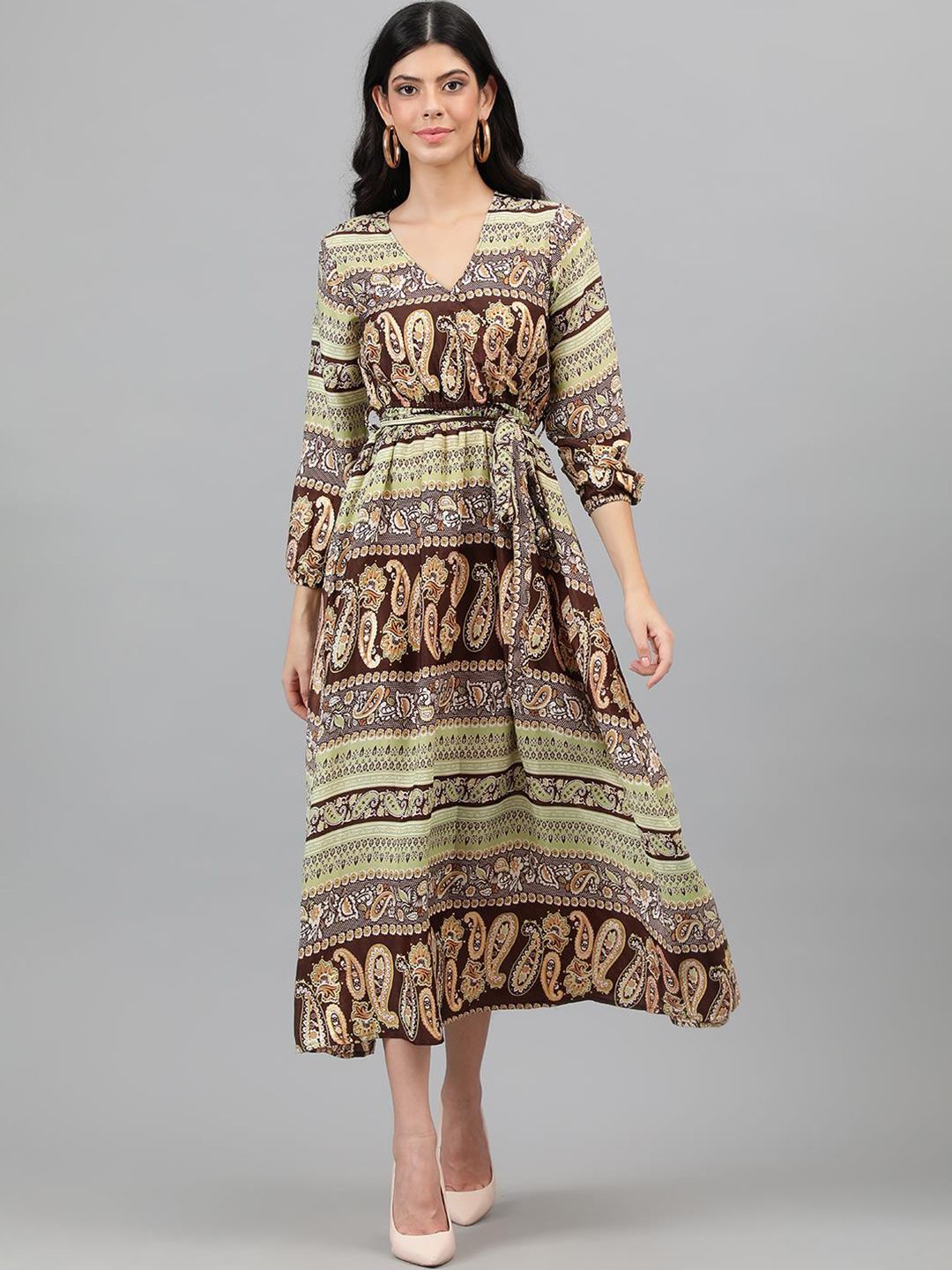 Kotty Brown & Yellow Ethnic Motifs Printed Wrap Maxi Dress