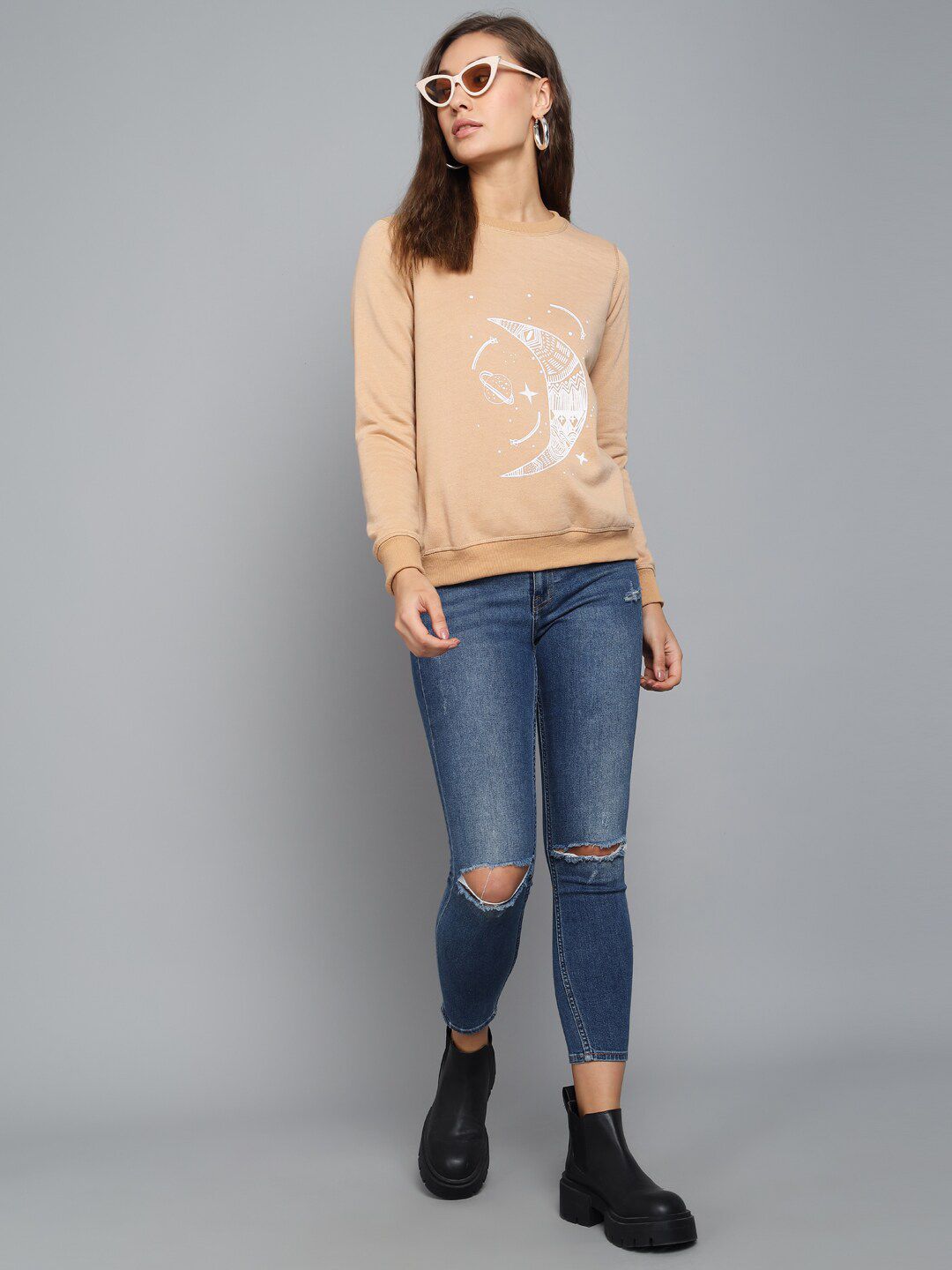 Kotty Women Beige Printed Round Neck Sweatshirt
