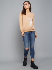 Kotty Women Beige Printed Round Neck Sweatshirt