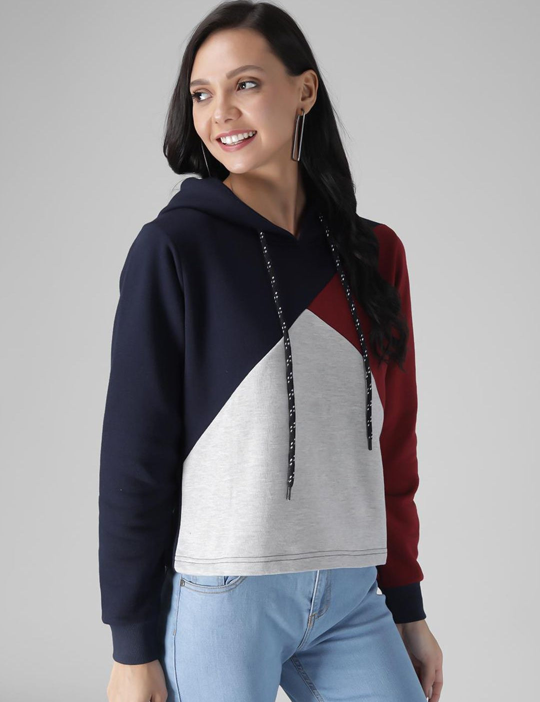 Kotty Women Black & Maroon Colourblocked Hooded Sweatshirt