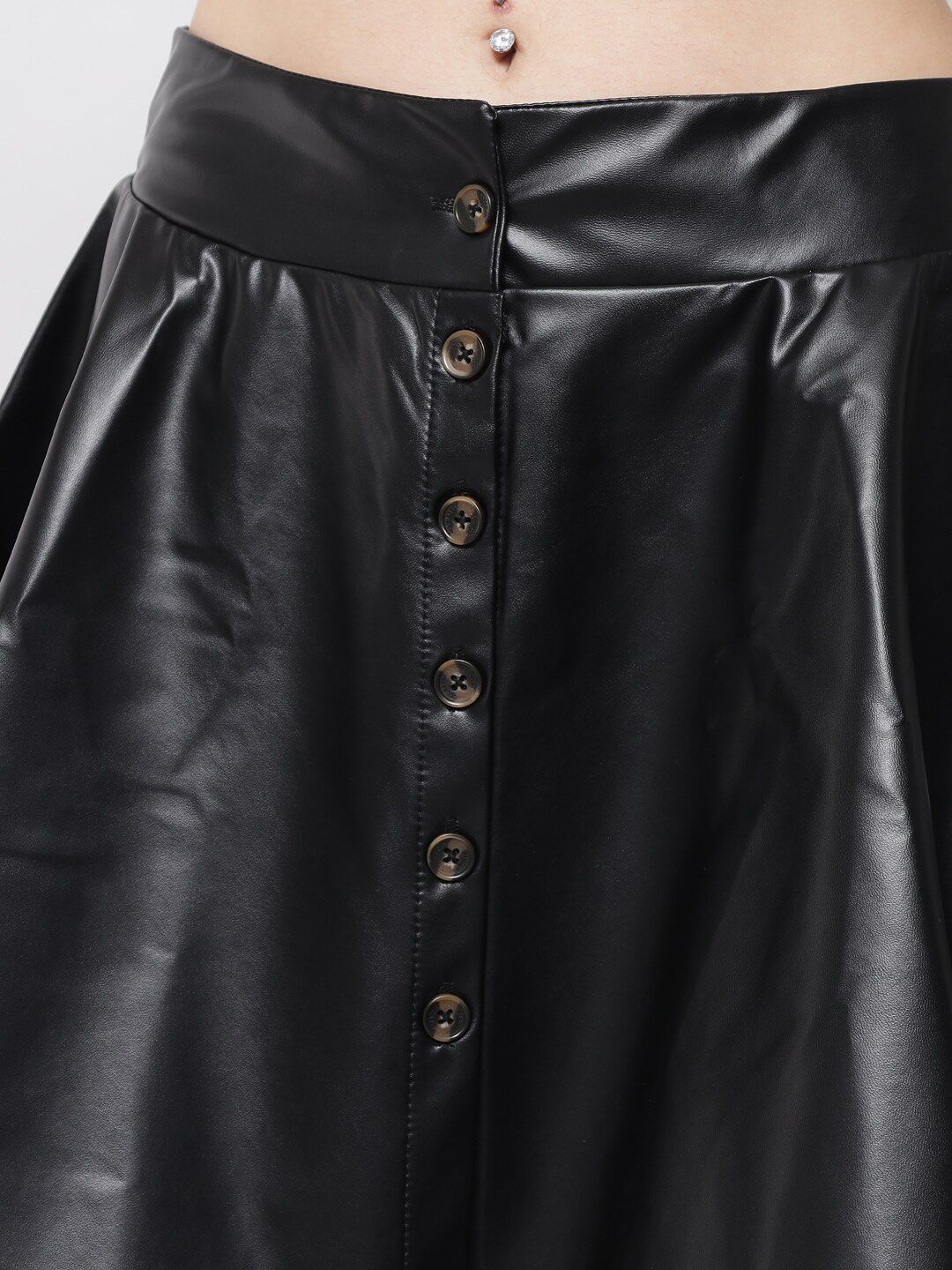 Kotty Women Black Solid Leather Flared Mini Skirts
