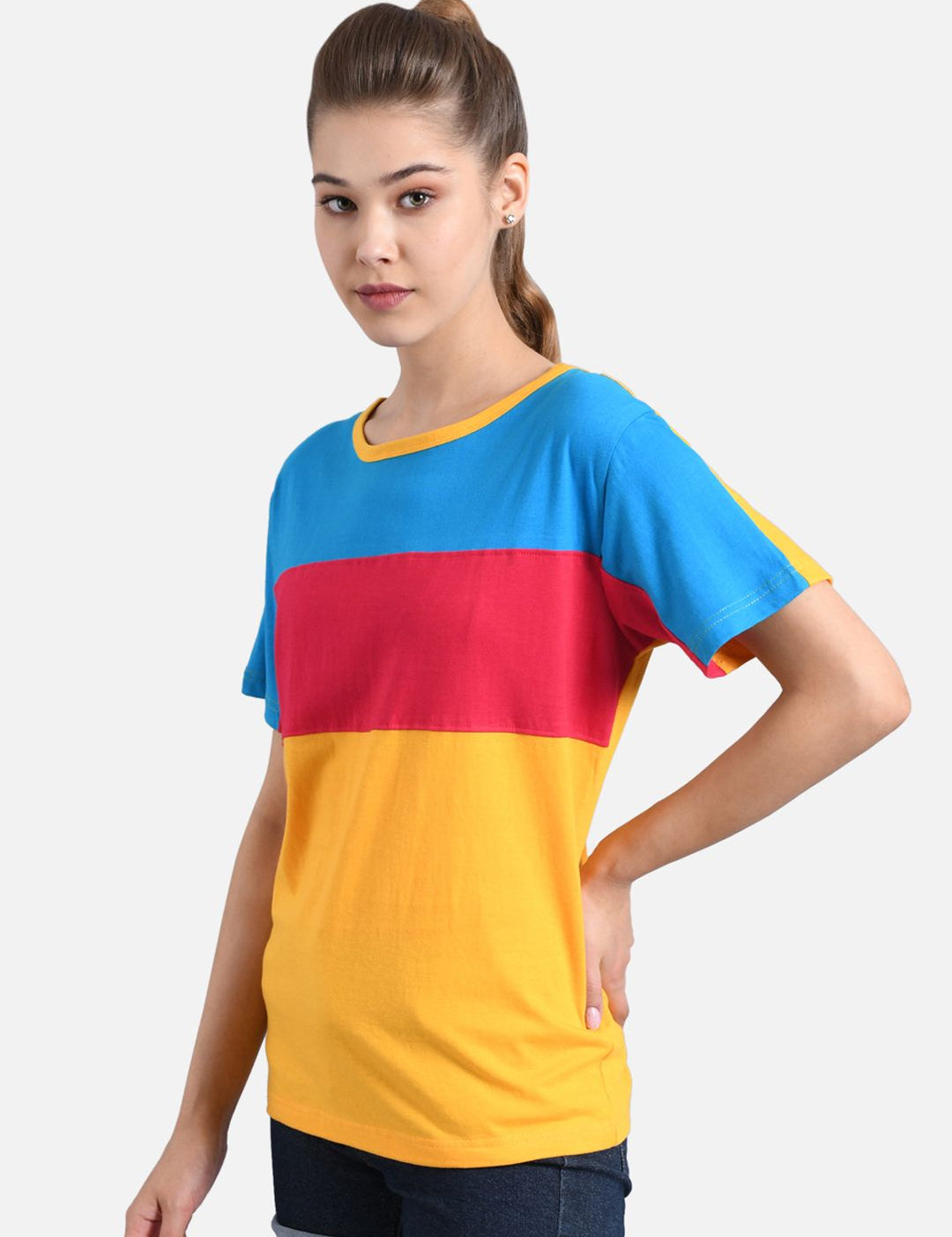 Kotty Women Yellow & Red Colourblocked Boat Neck T-shirt