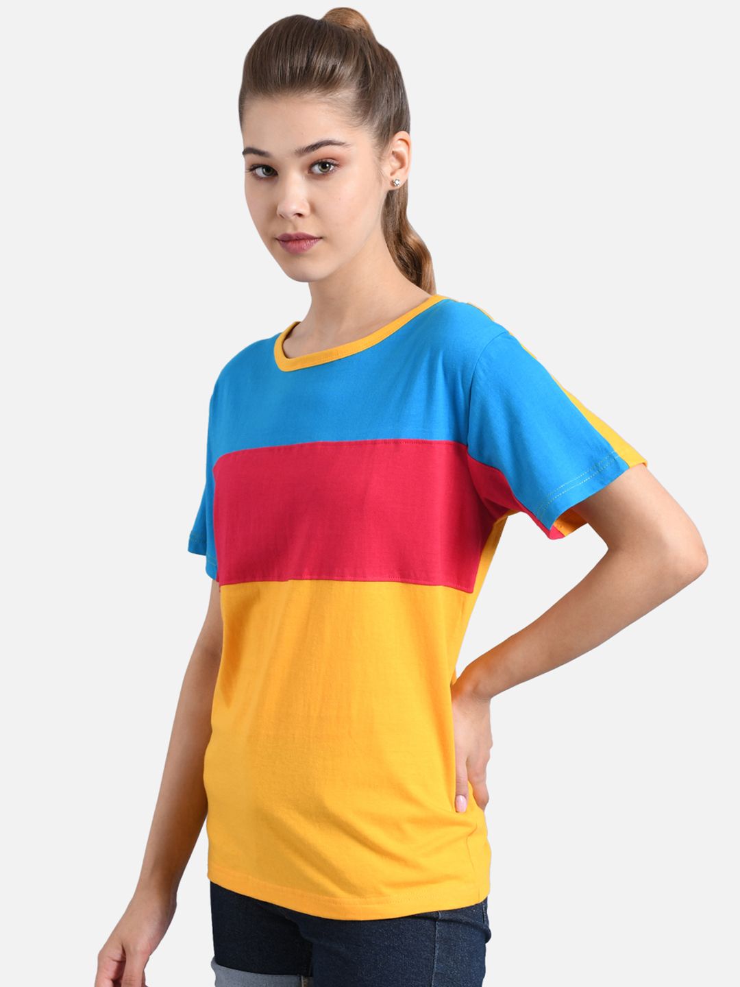 Kotty Women Yellow & Red Colourblocked Boat Neck T-shirt