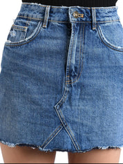 Kotty Women Blue Solid Mini Denim Raw Edge Skirt