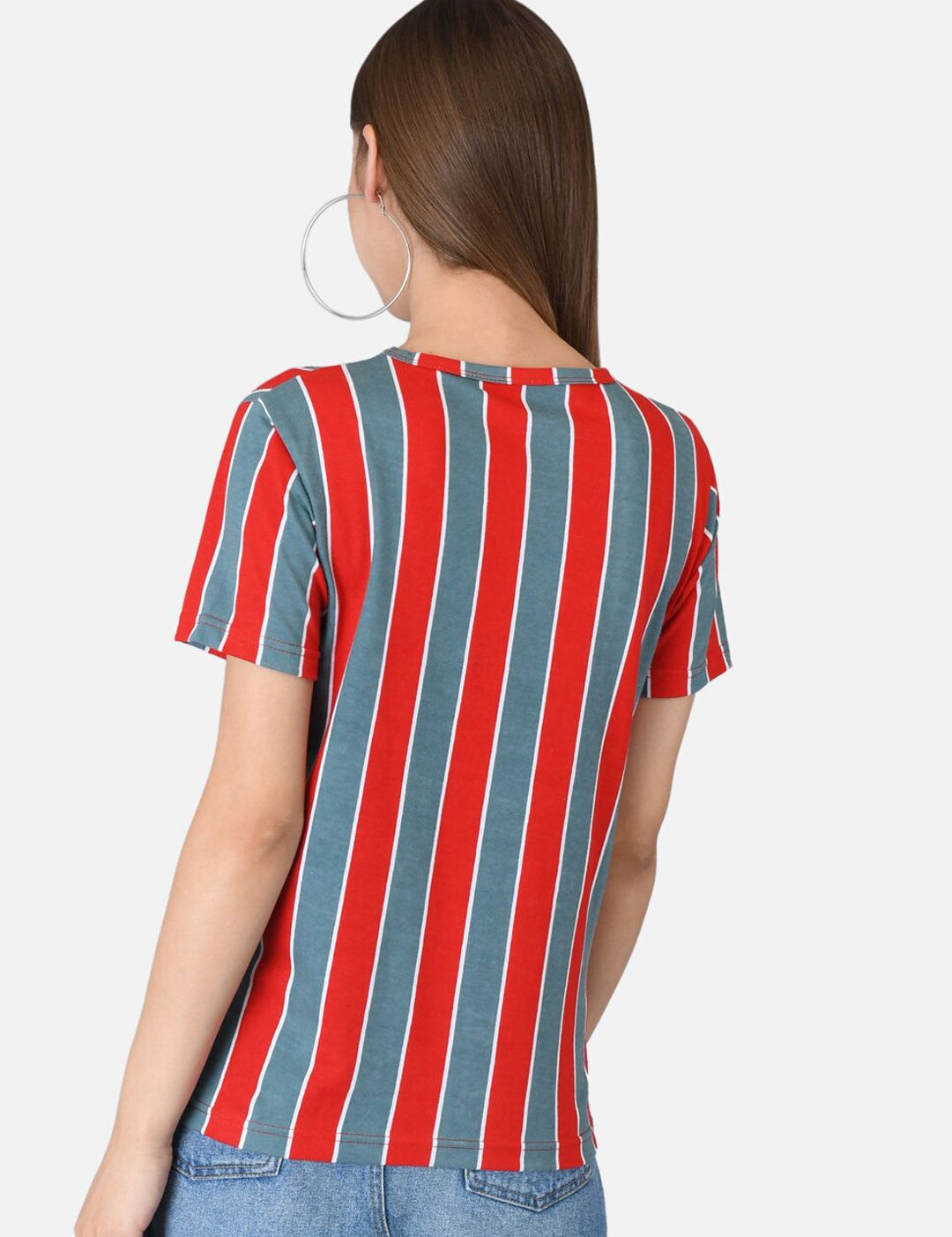 Kotty Women Red & Blue Striped Round Neck T-shirt
