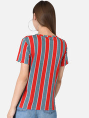 Kotty Women Red & Blue Striped Round Neck T-shirt