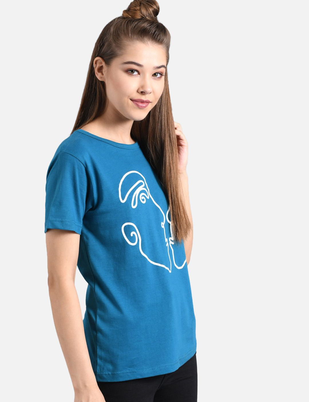 Kotty Women Blue & White Printed Round Neck T-shirt