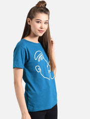 Kotty Women Blue & White Printed Round Neck T-shirt