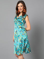 Kotty Blue & Yellow Floral Printed Satin A Line Dress