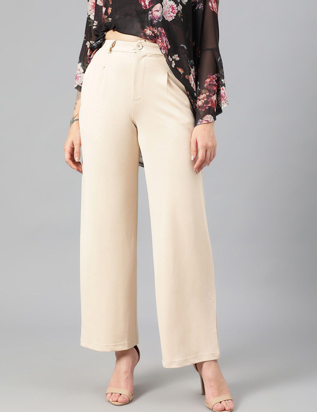 Kotty Women Beige Relaxed Straight Leg Fit High-Rise Easy Wash Pleated Parallel Trousers