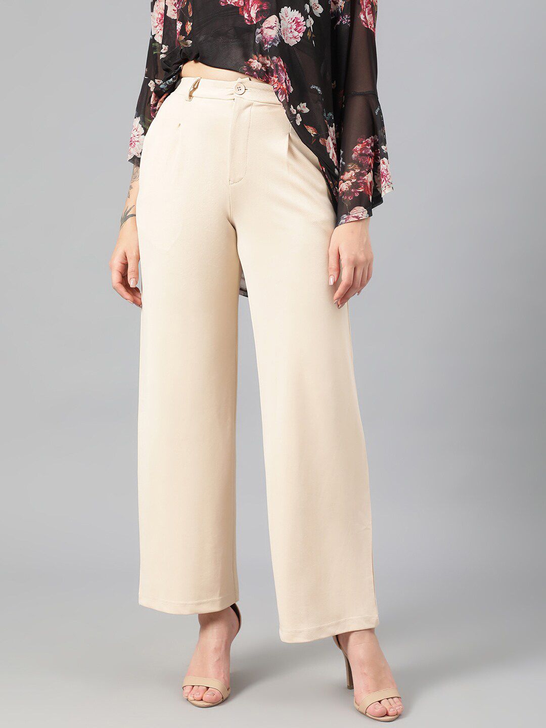 Kotty Women Beige Relaxed Straight Leg Fit High-Rise Easy Wash Pleated Parallel Trousers