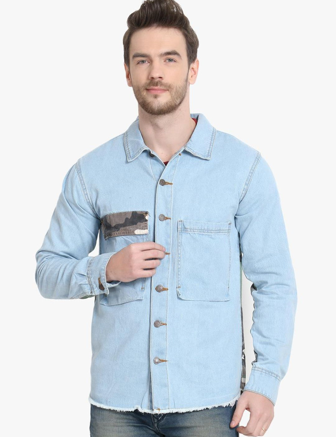 Kotty Men Blue & Grey Camouflage Printed Denim Jacket