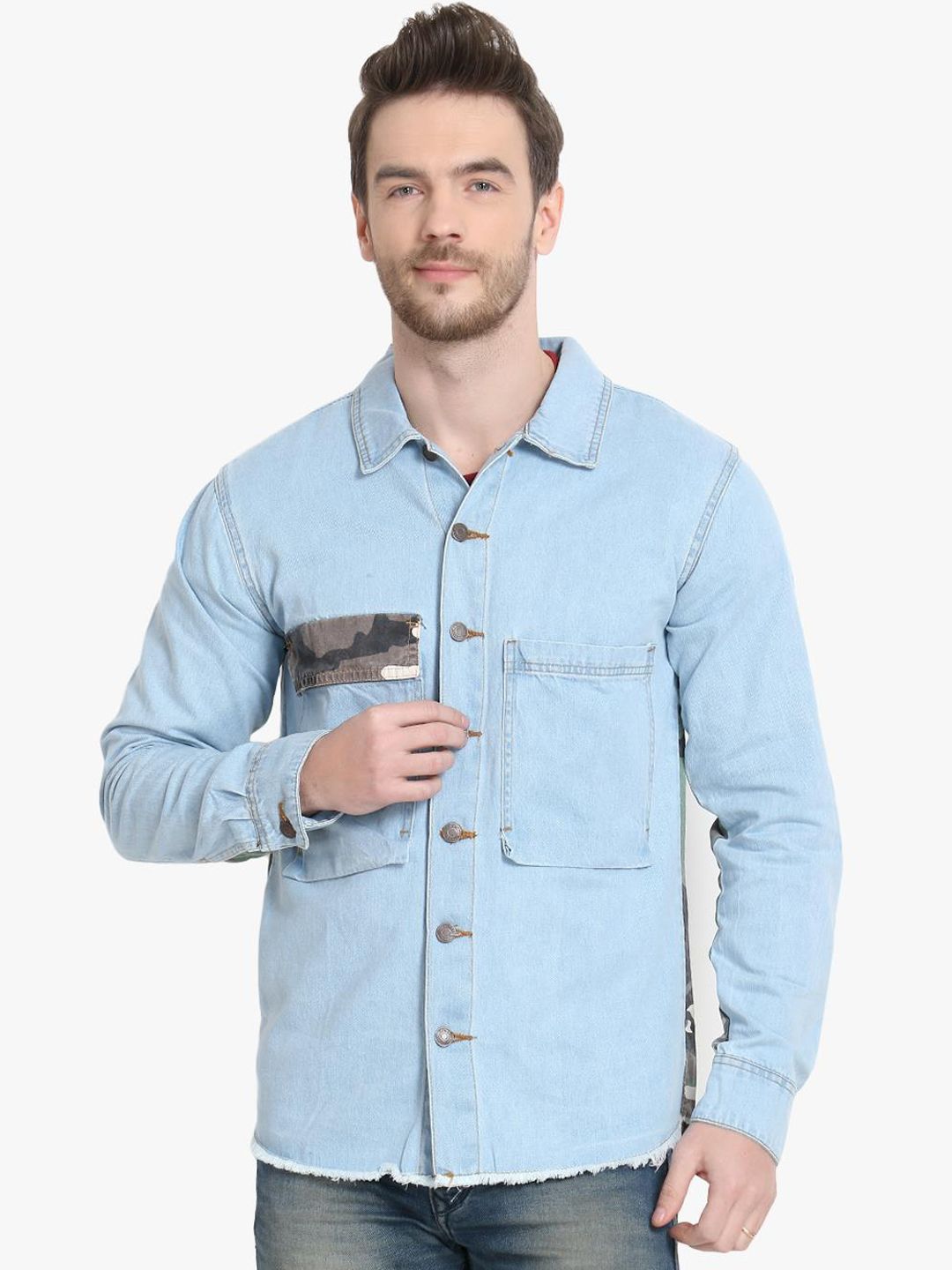 Kotty Men Blue & Grey Camouflage Printed Denim Jacket