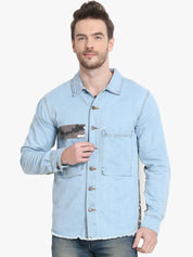 Kotty Men Blue & Grey Camouflage Printed Denim Jacket