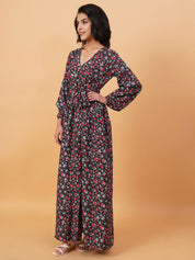 Kotty Black & Red Floral Printed V Neck Puff Sleeves Crepe A Line Maxi Dress