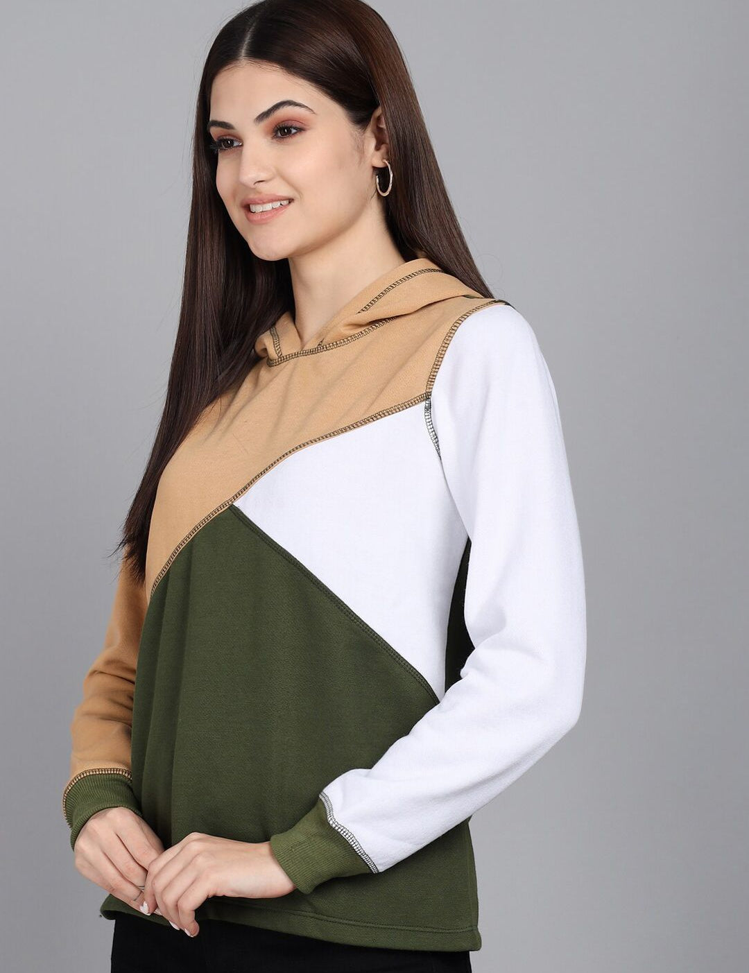 Kotty Women Beige Colourblocked Hooded Sweatshirt