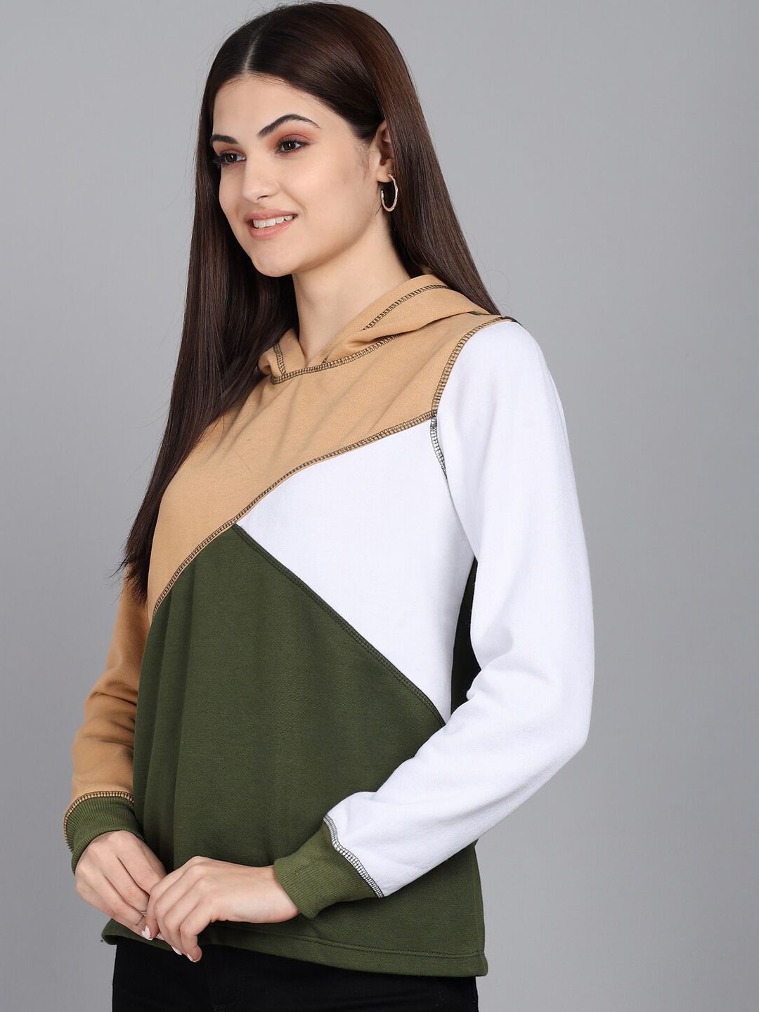 Kotty Women Beige Colourblocked Hooded Sweatshirt