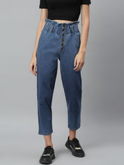 Kotty Women Navy Blue Boyfriend Fit High-Rise Cotton Clean Look Jeans