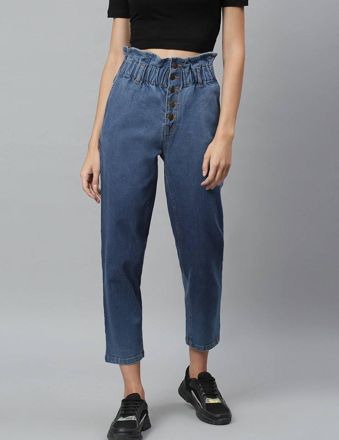 Kotty Women Navy Blue Boyfriend Fit High-Rise Cotton Clean Look Jeans