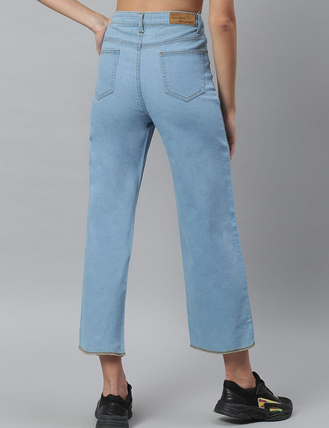 Kotty Women Blue Solid Cotton High-Rise Crop Flared Jeans