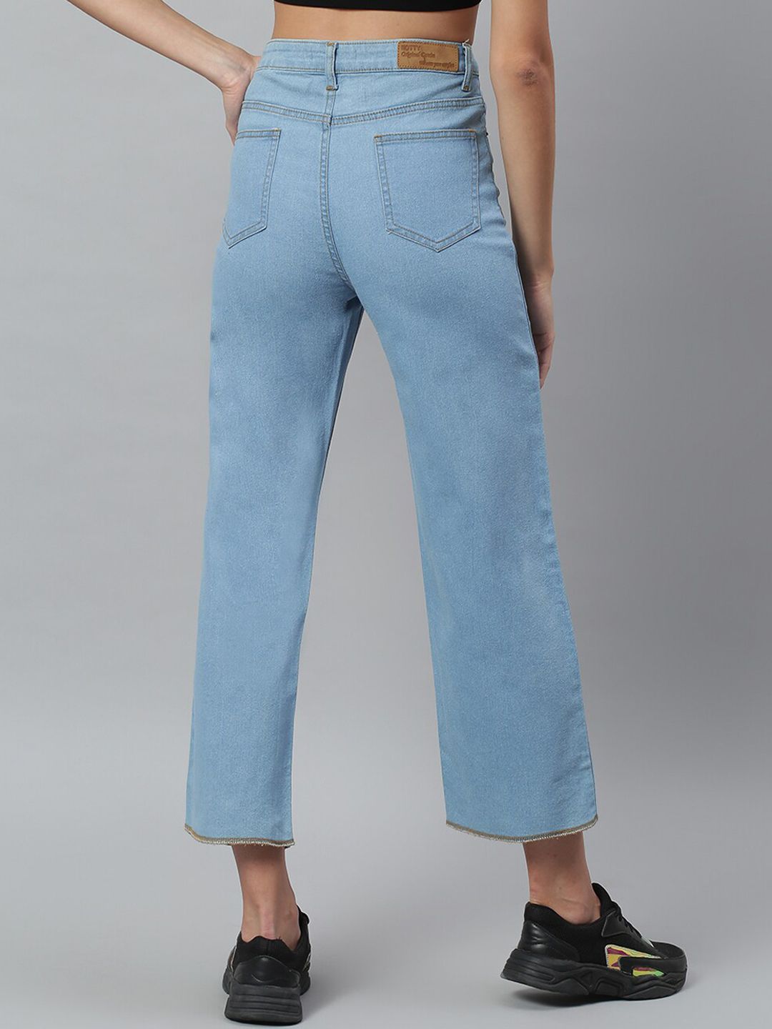 Kotty Women Blue Solid Cotton High-Rise Crop Flared Jeans