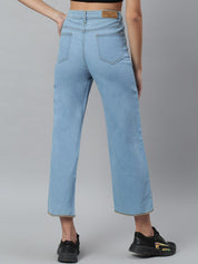 Kotty Women Blue Solid Cotton High-Rise Crop Flared Jeans
