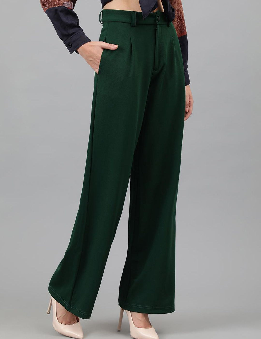 KOTTY BIZwear Women Green Relaxed Straight Leg Straight Fit High-Rise Easy Wash Pleated Trousers