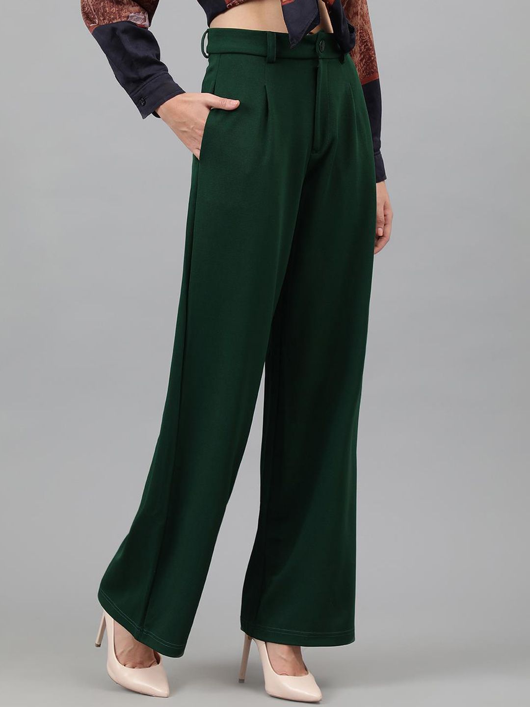 KOTTY BIZwear Women Green Relaxed Straight Leg Straight Fit High-Rise Easy Wash Pleated Trousers