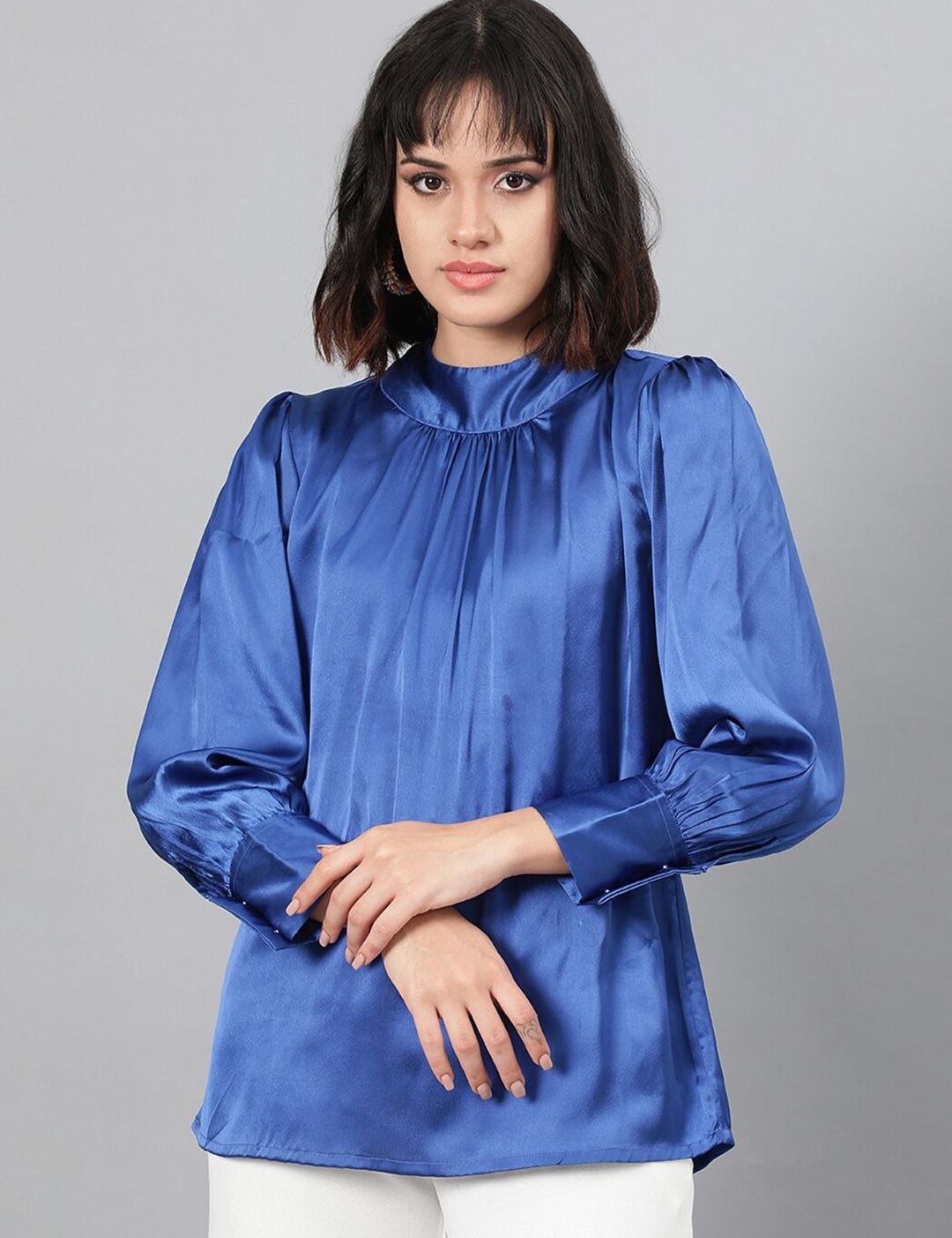 Kotty Blue High Neck Cuffed Sleeve Pleated Satin Top