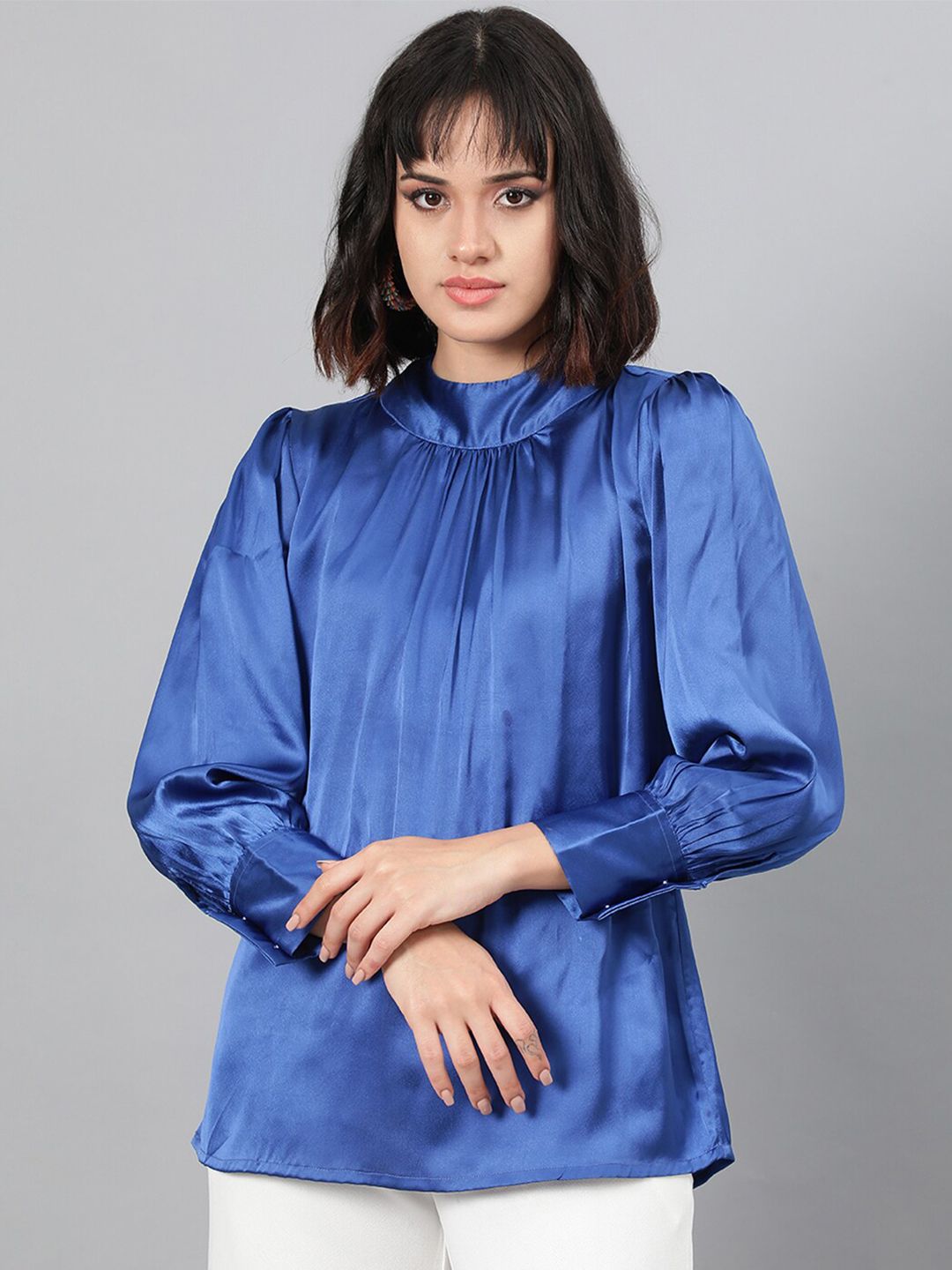 Kotty Blue High Neck Cuffed Sleeve Pleated Satin Top
