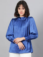 Kotty Blue High Neck Cuffed Sleeve Pleated Satin Top
