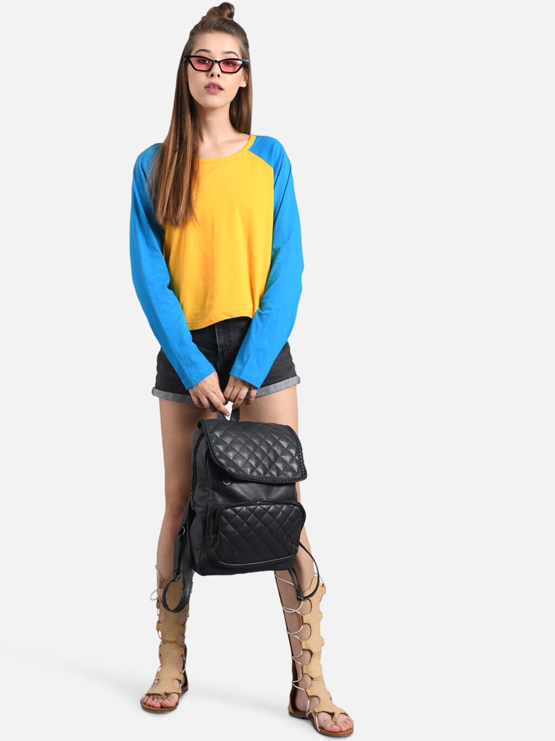 Kotty Women Blue & Yellow Colourblocked Round Neck T-shirt