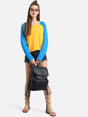 Kotty Women Blue & Yellow Colourblocked Round Neck T-shirt