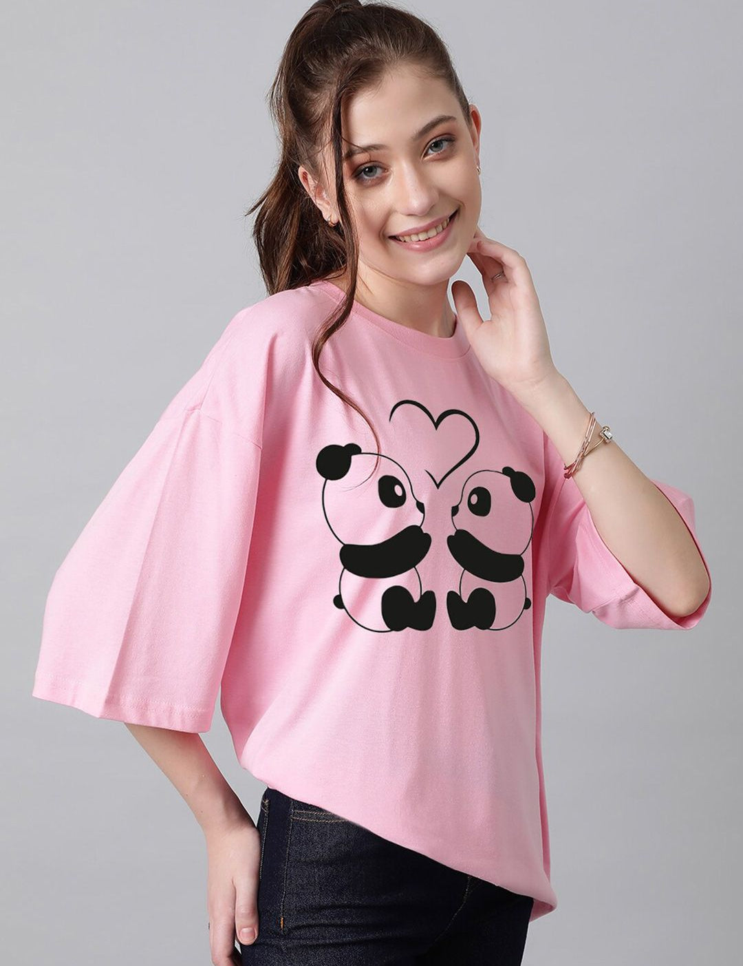 KOTTY Basics Panda Printed Drop Shoulder Sleeves Oversized T-shirt