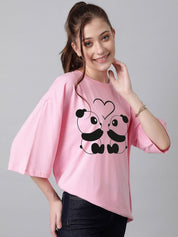 KOTTY Basics Panda Printed Drop Shoulder Sleeves Oversized T-shirt