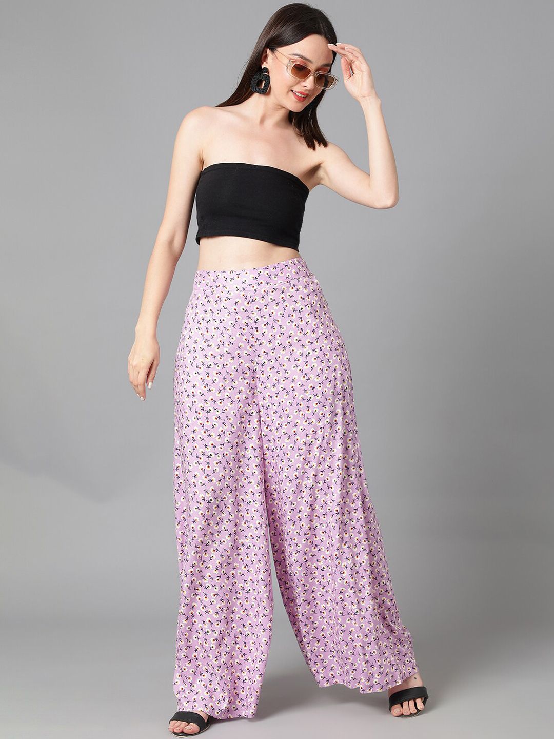 Kotty Women Relaxed Floral Printed Flared High-Rise Easy Wash Parallel Trousers