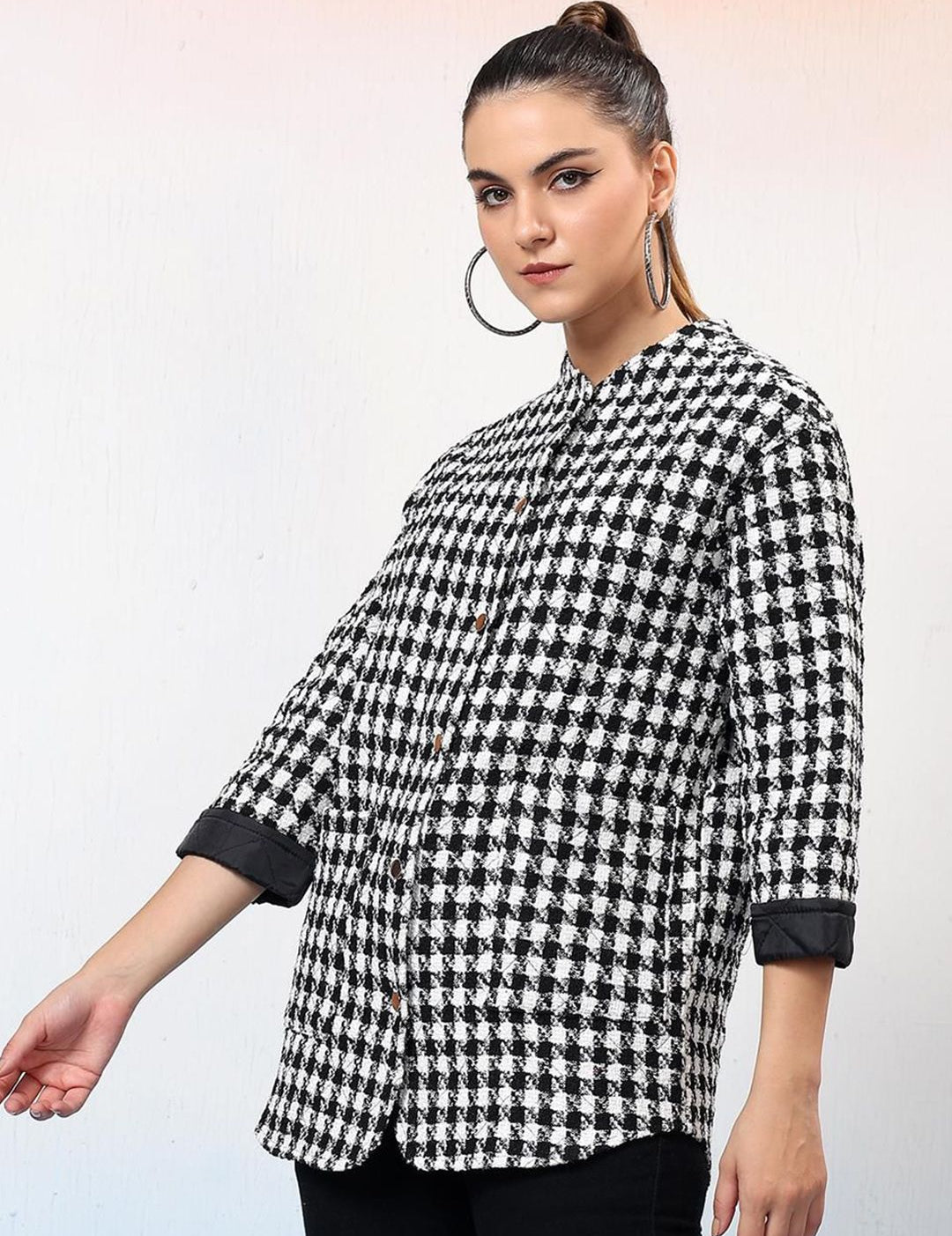 Kotty Women Checked Mandarin Collar Single-Breasted Overcoat