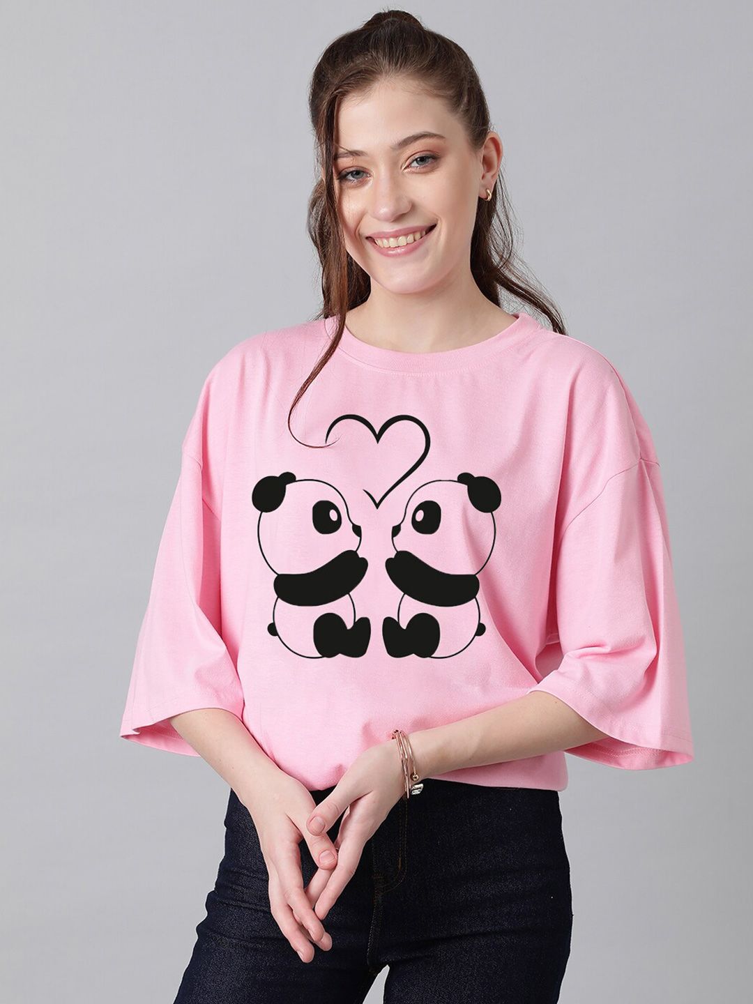 KOTTY Basics Panda Printed Drop Shoulder Sleeves Oversized T-shirt