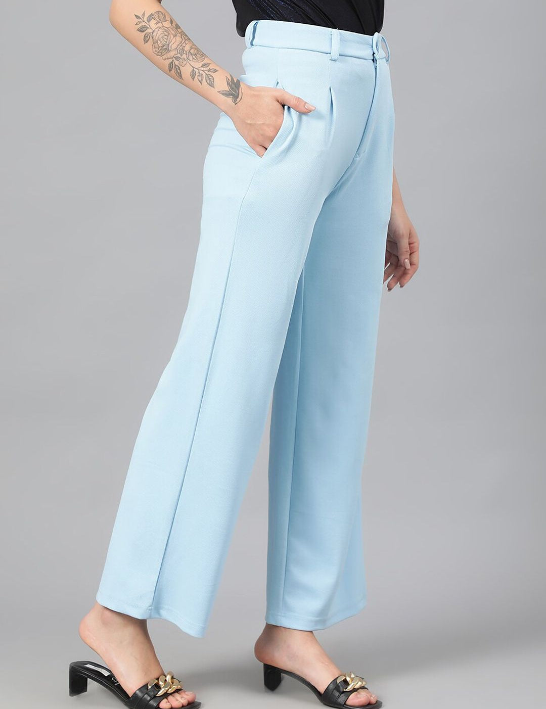 KOTTY BIZwear Women Blue Relaxed Straight Leg Fit High-Rise Easy Wash Parallel Trousers